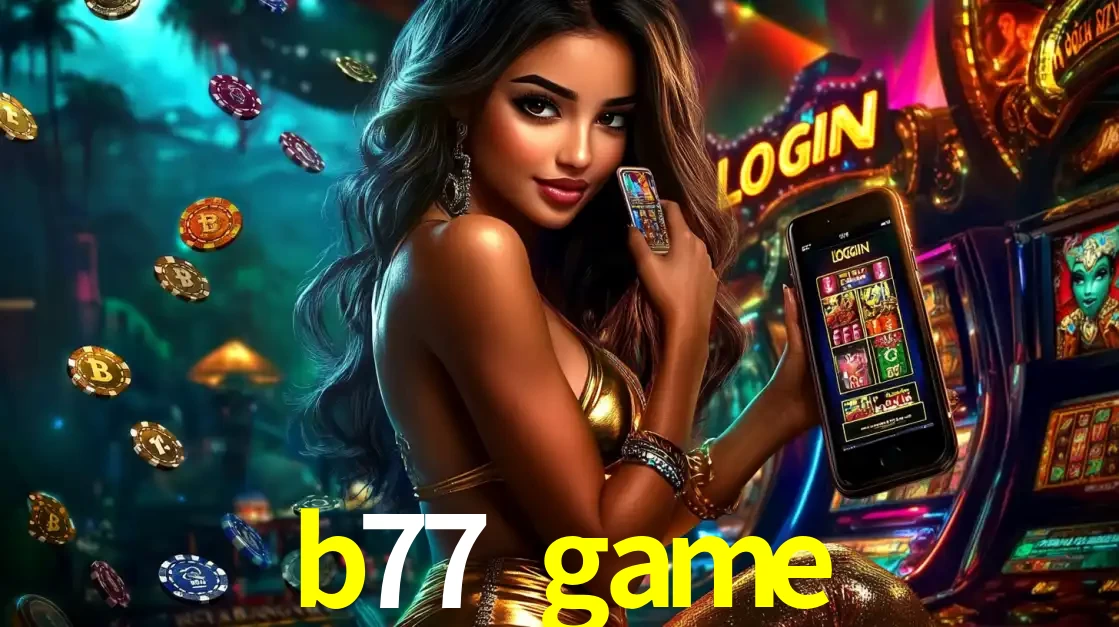 Mulher em um cenário de cassino temático de aventura, mostrando o app de caça-níqueis da b77 game no celular. Fichas de apostas flutuam ao redor.